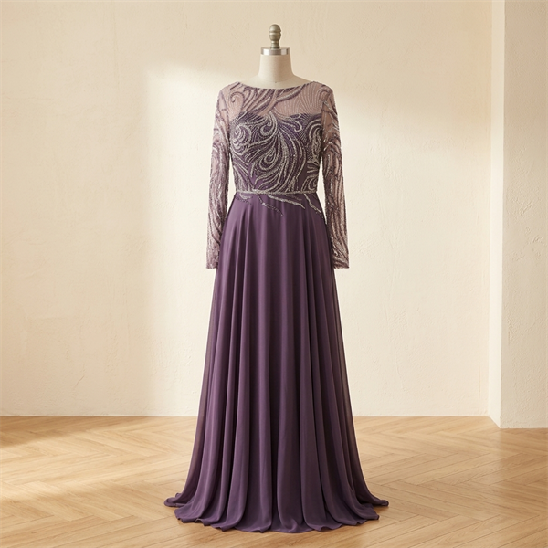 Robe de Soirée Longue Grande Taille Brodée de Paillettes - Mauve