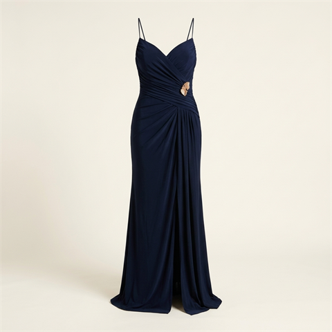 Robe de soirée longue drapée à fente - Bleu marine