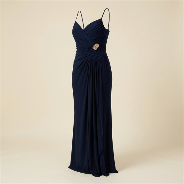 Robe de soirée longue drapée à fente - Bleu marine