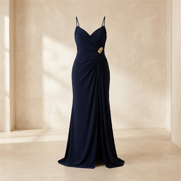 Robe de soirée longue drapée à fente - Bleu marine