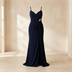 Robe de soirée longue drapée à fente - Bleu marine