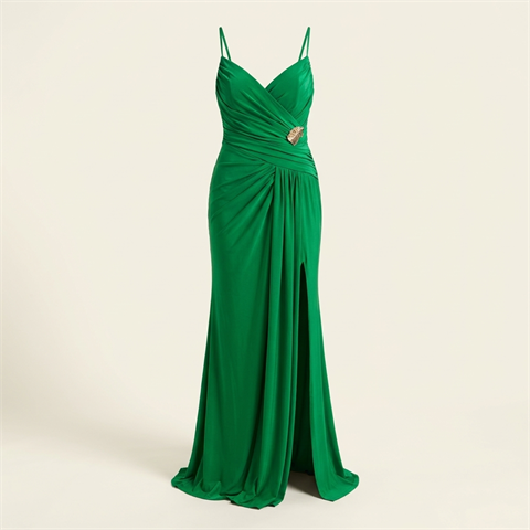 Robe de Soirée Longue Drapée Verte à Fente