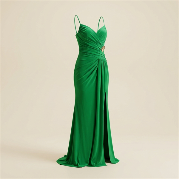 Robe de Soirée Longue Drapée Verte à Fente