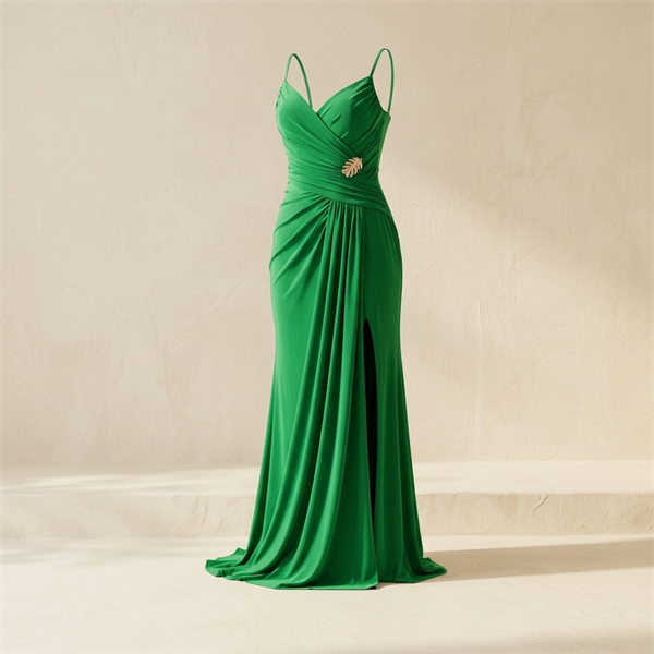 Robe de Soirée Longue Drapée Verte à Fente