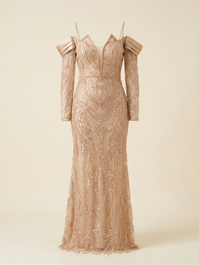 Robe de Soirée Longue Champagne Brodée de Sequins