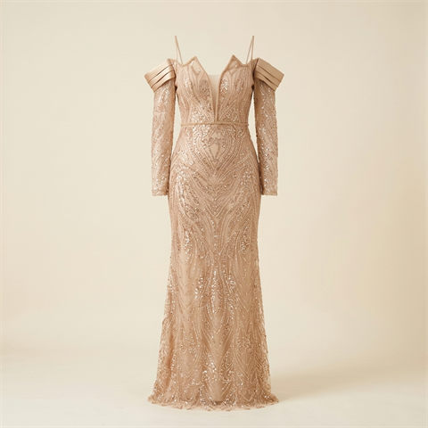 Robe de Soirée Longue Champagne Brodée de Sequins