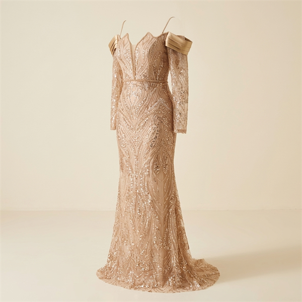Robe de Soirée Longue Champagne Brodée de Sequins