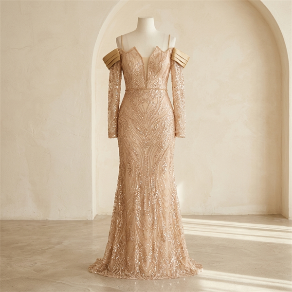 Robe de Soirée Longue Champagne Brodée de Sequins