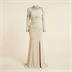 Robe de Soirée Longue Beige à Col et Poignets Perlés