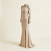 Robe de Soirée Longue Beige à Col et Poignets Perlés