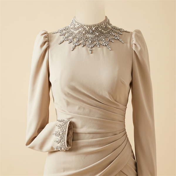 Robe de Soirée Longue Beige à Col et Poignets Perlés