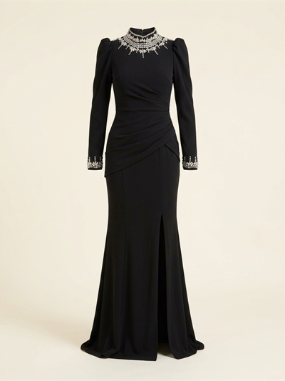 Robe de Soirée Longue Noire à Col et Poignets Strassés