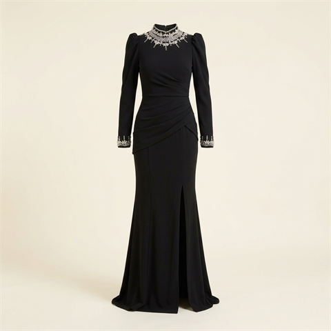 Robe de Soirée Longue Noire à Col et Poignets Strassés