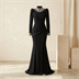 Robe de Soirée Longue Noire à Col et Poignets Strassés