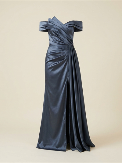 Robe de Soirée Longue en Satin Bleu Ardoise à Épaules Dénudées