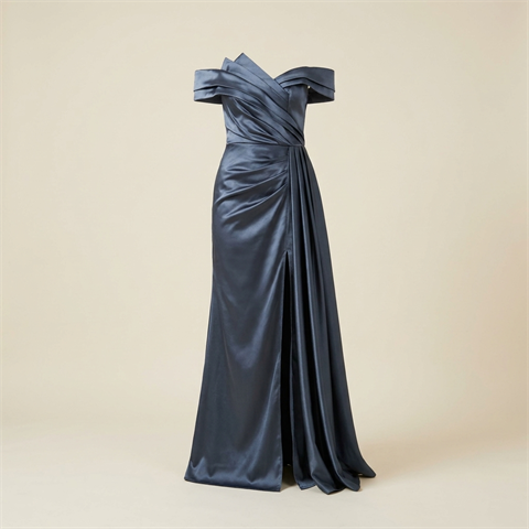 Robe de Soirée Longue en Satin Bleu Ardoise à Épaules Dénudées