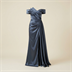 Robe de Soirée Longue en Satin Bleu Ardoise à Épaules Dénudées