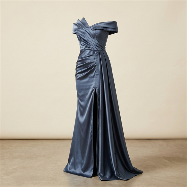 Robe de Soirée Longue en Satin Bleu Ardoise à Épaules Dénudées