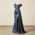 Robe de Soirée Longue en Satin Bleu Ardoise à Épaules Dénudées