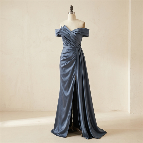 Robe de Soirée Longue en Satin Bleu Ardoise à Épaules Dénudées