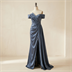 Robe de Soirée Longue en Satin Bleu Ardoise à Épaules Dénudées