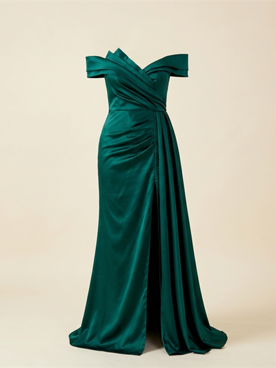 Robe de Soirée Longue en Satin Vert Émeraude avec Fente