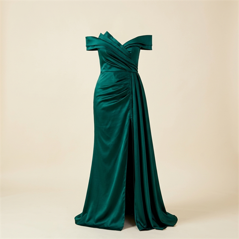 Robe de Soirée Longue en Satin Vert Émeraude avec Fente