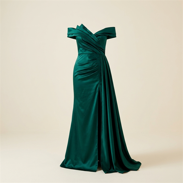 Robe de Soirée Longue en Satin Vert Émeraude avec Fente