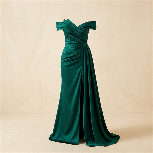 Robe de Soirée Longue en Satin Vert Émeraude avec Fente