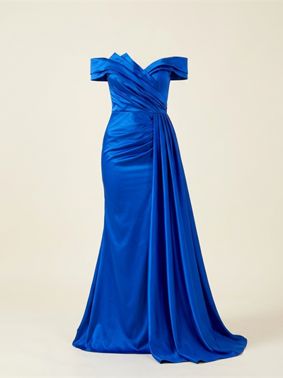 Robe de Soirée Longue en Satin Bleu Roi à Épaules Dénudées