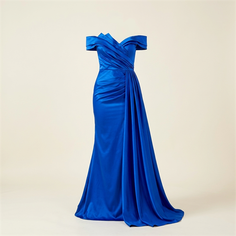 Robe de Soirée Longue en Satin Bleu Roi à Épaules Dénudées
