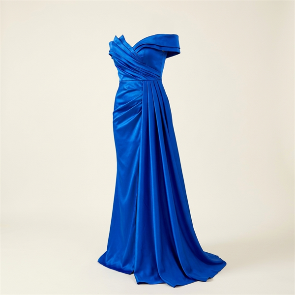 Robe de Soirée Longue en Satin Bleu Roi à Épaules Dénudées