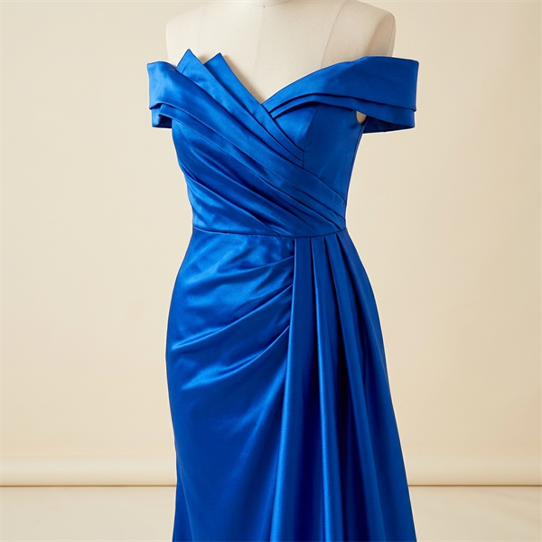 Robe de Soirée Longue en Satin Bleu Roi à Épaules Dénudées