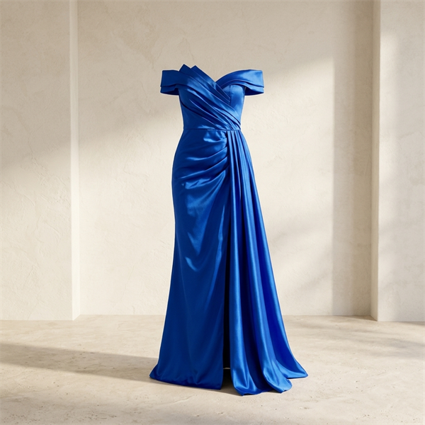 Robe de Soirée Longue en Satin Bleu Roi à Épaules Dénudées