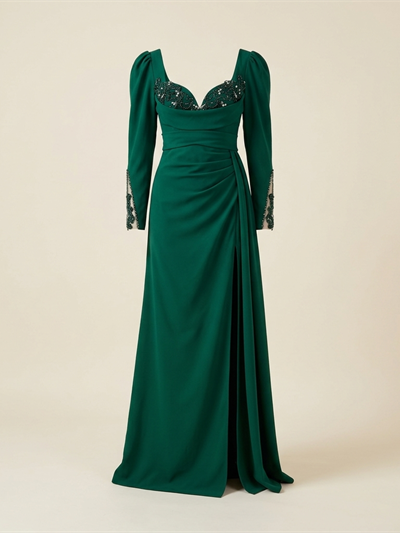 Robe de Soirée Longue Vert Émeraude à Broderies et Fente
