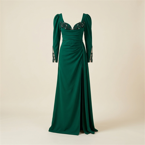 Robe de Soirée Longue Vert Émeraude à Broderies et Fente