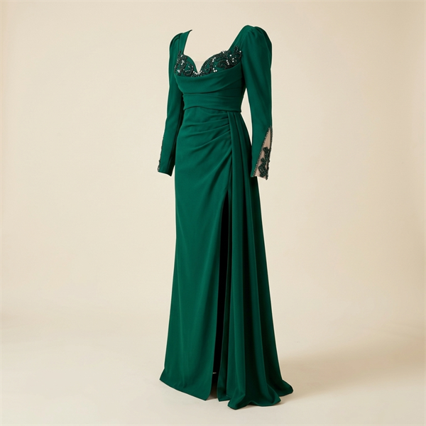 Robe de Soirée Longue Vert Émeraude à Broderies et Fente