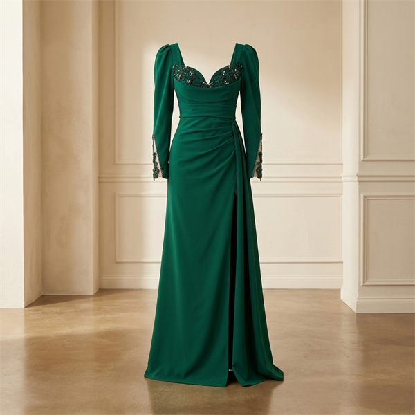 Robe de Soirée Longue Vert Émeraude à Broderies et Fente