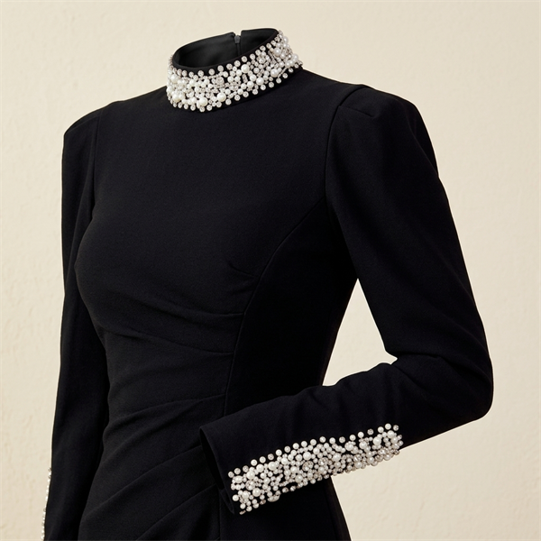 Robe de Soirée Longue Noire à Col et Poignets Ornés de Perles