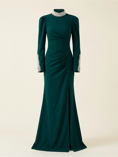 Robe de Soirée Longue Vert Émeraude à Col Montant et Poignets Perlés