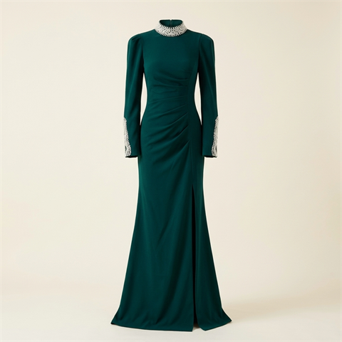 Robe de Soirée Longue Vert Émeraude à Col Montant et Poignets Perlés