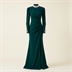Robe de Soirée Longue Vert Émeraude à Col Montant et Poignets Perlés