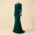 Robe de Soirée Longue Vert Émeraude à Col Montant et Poignets Perlés
