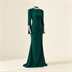 Robe de Soirée Longue Vert Émeraude à Col Montant et Poignets Perlés