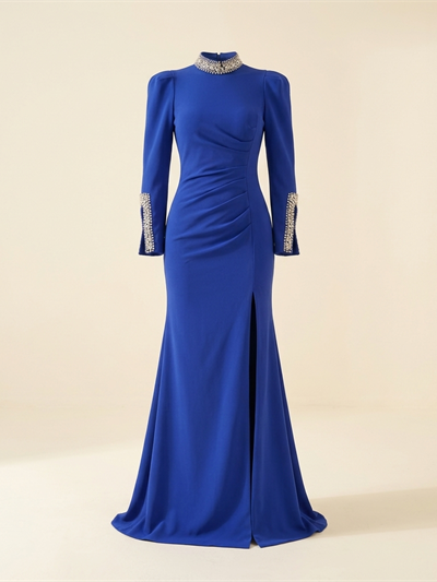 Robe de Soirée Longue Bleu Roi à Strass et Col Montant