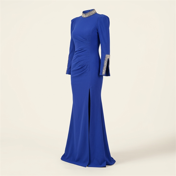 Robe de Soirée Longue Bleu Roi à Strass et Col Montant