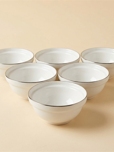 Lot de 6 Bols en Porcelaine Blanche avec Liseré Argenté