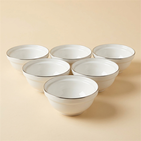 Lot de 6 Bols en Porcelaine Blanche avec Liseré Argenté