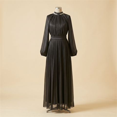 Robe de Soirée Longue Plissée Noire à Col Bijou