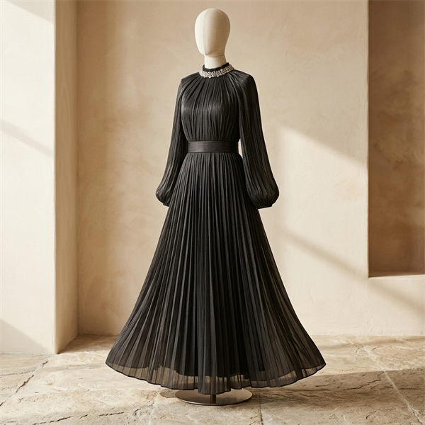 Robe de Soirée Longue Plissée Noire à Col Bijou